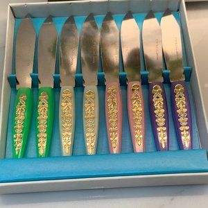 Vintage Box of Cheese and Butter Spreaders Rainbow Colors Set of 8
